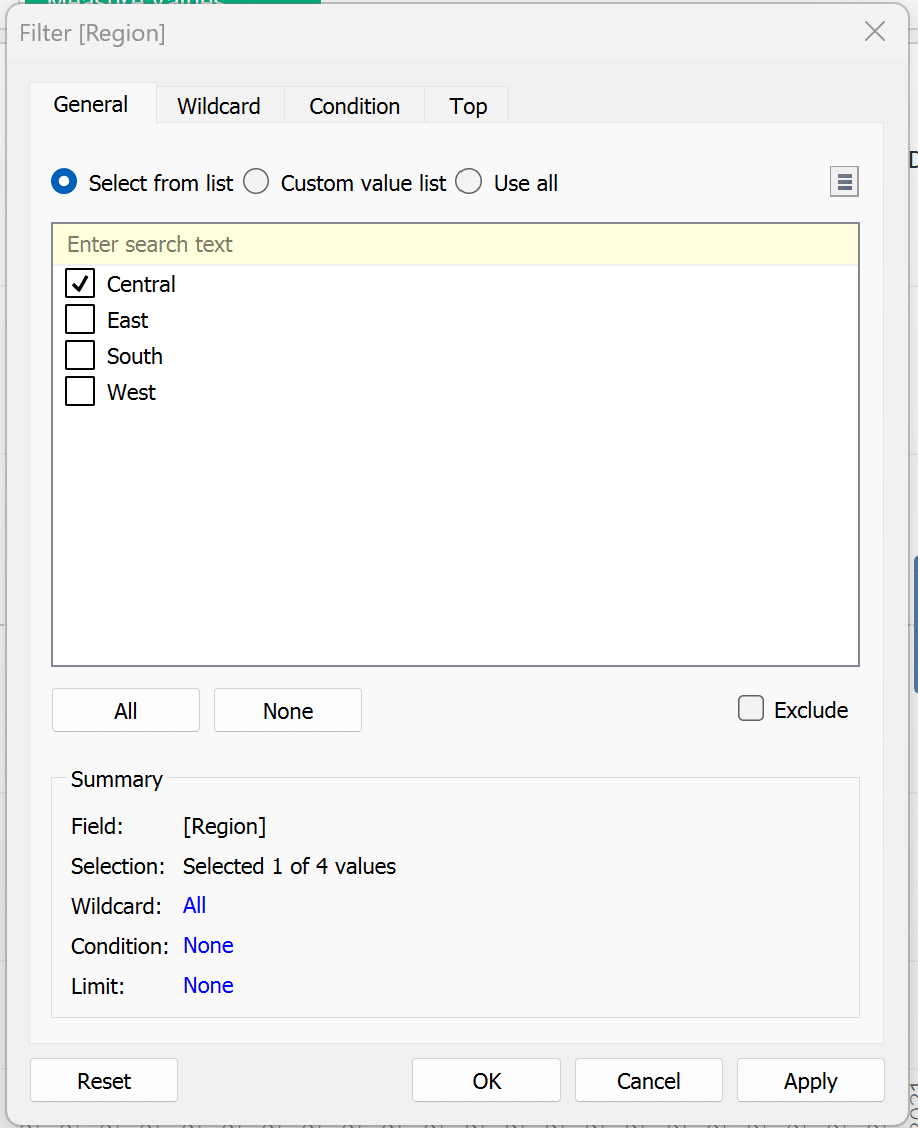 Drag Region to the Filters shelf and select Central. Select OK.