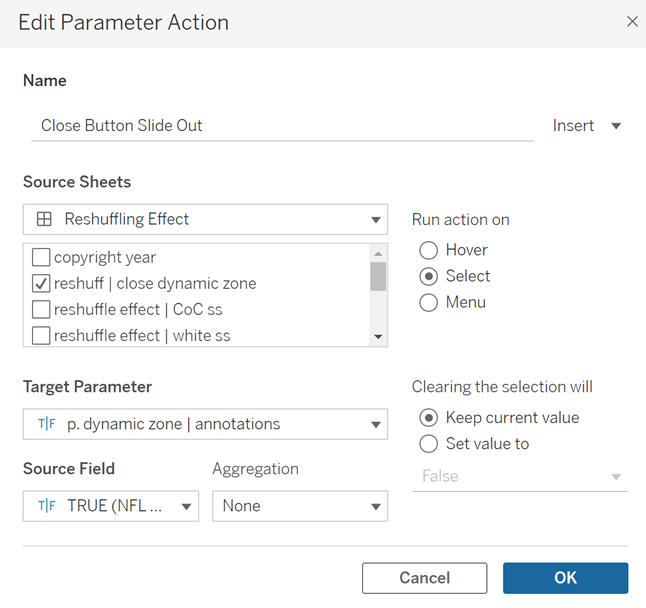 Close Button Slide Out Parameter Action