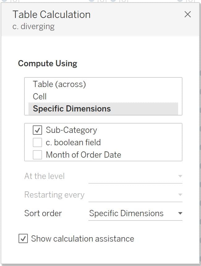 Edit the Diverging table calculation settings
