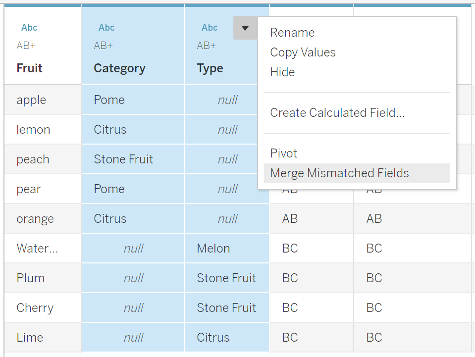 Merge mismatched fields