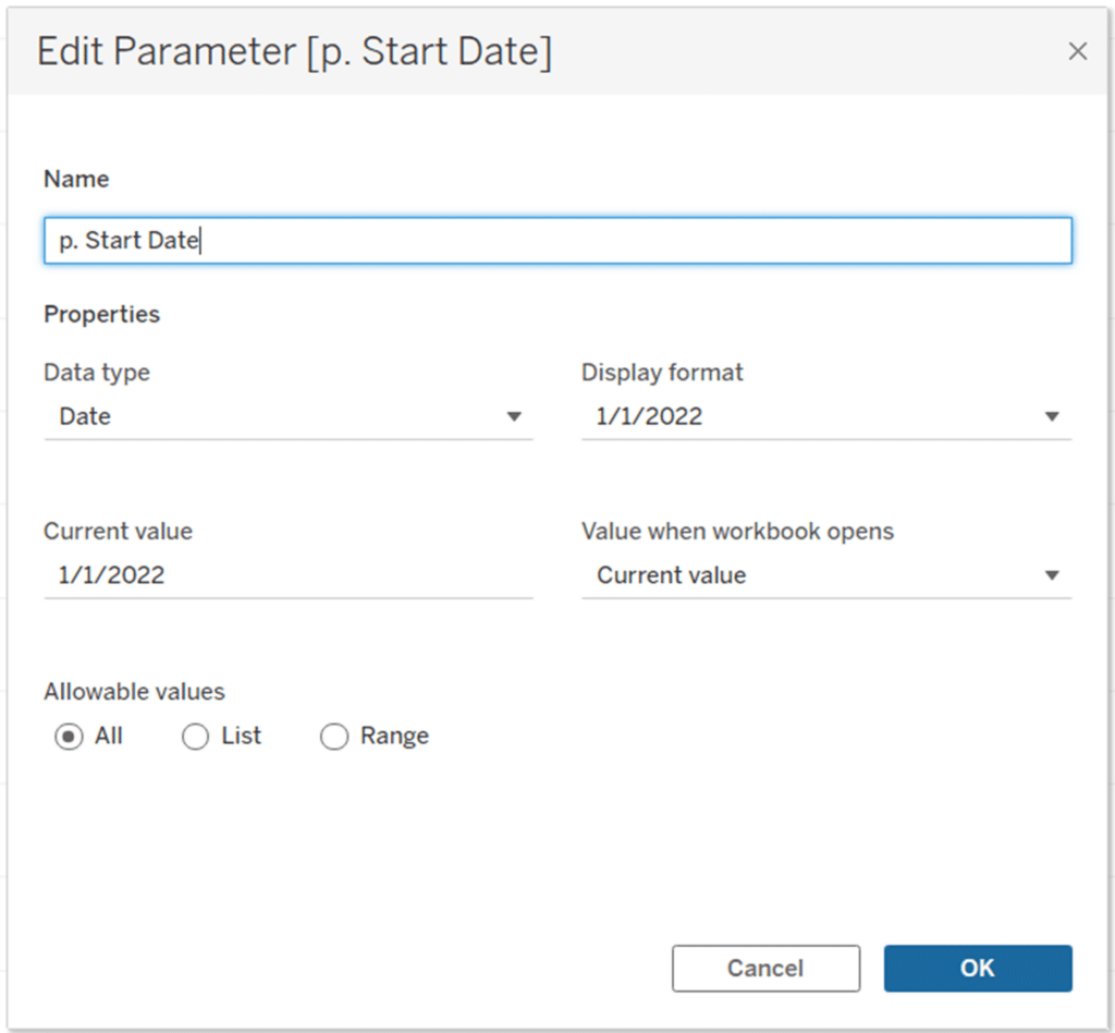 Create Start and End Date parameters where the Data Type = Date and Allowable Values = All