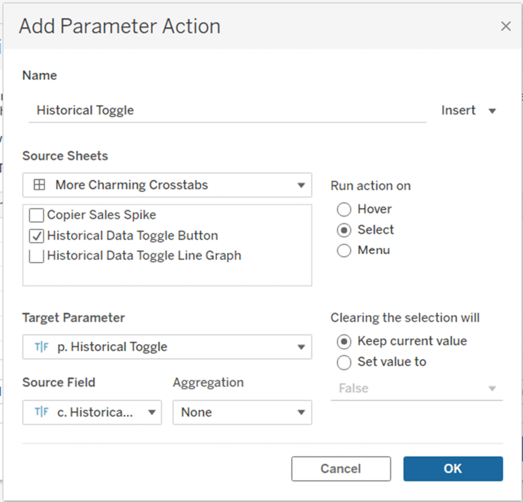 Add a new parameter action called Historical Toggle