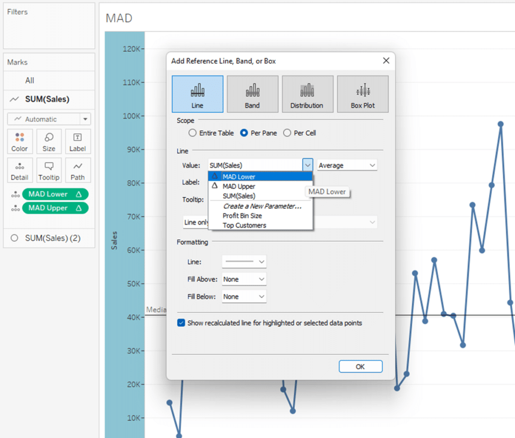 Choose MAD Lower value from the drop down menu in Tableau