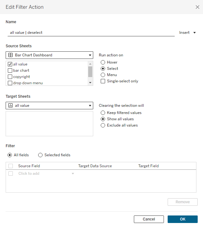 All value deselect filter action in Tableau