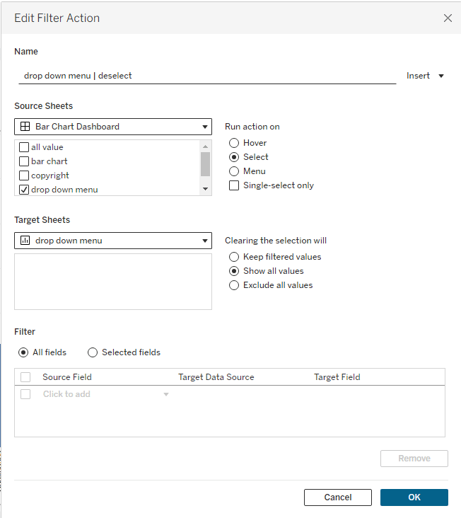 Deselect filter action drop down menu