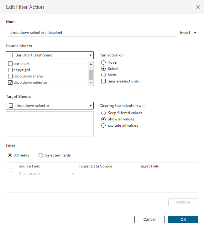 Drop down selector deselect filter action