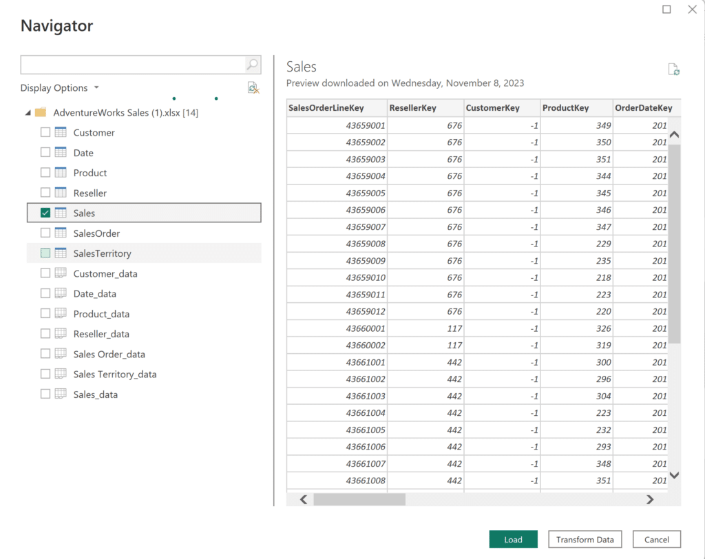 Previewing the Sales table in Power BI Navigator
