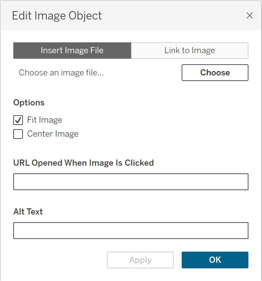 Tableau dashboard Image object