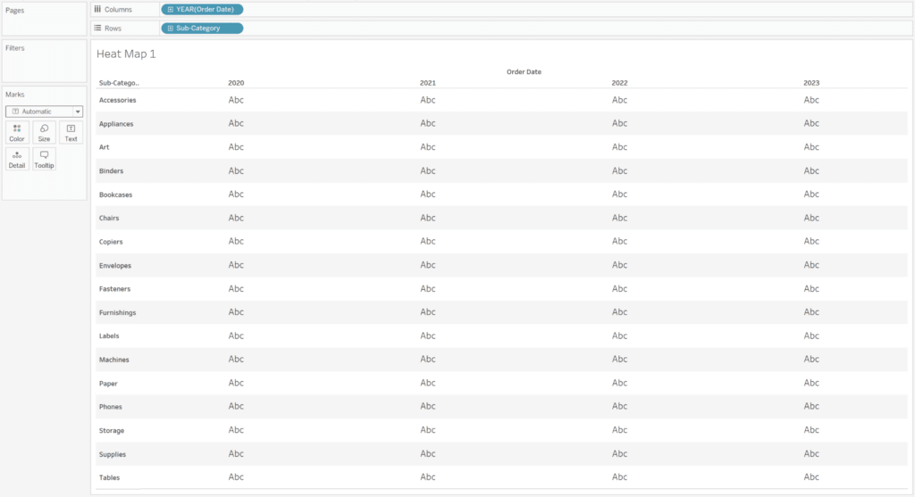 Drag Order Date to Columns and Sub Category to Rows in Tableau