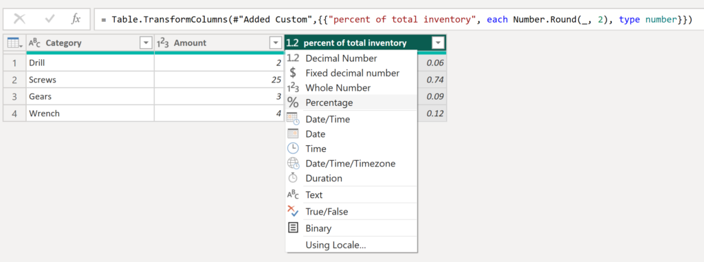 Clicking on data type in header