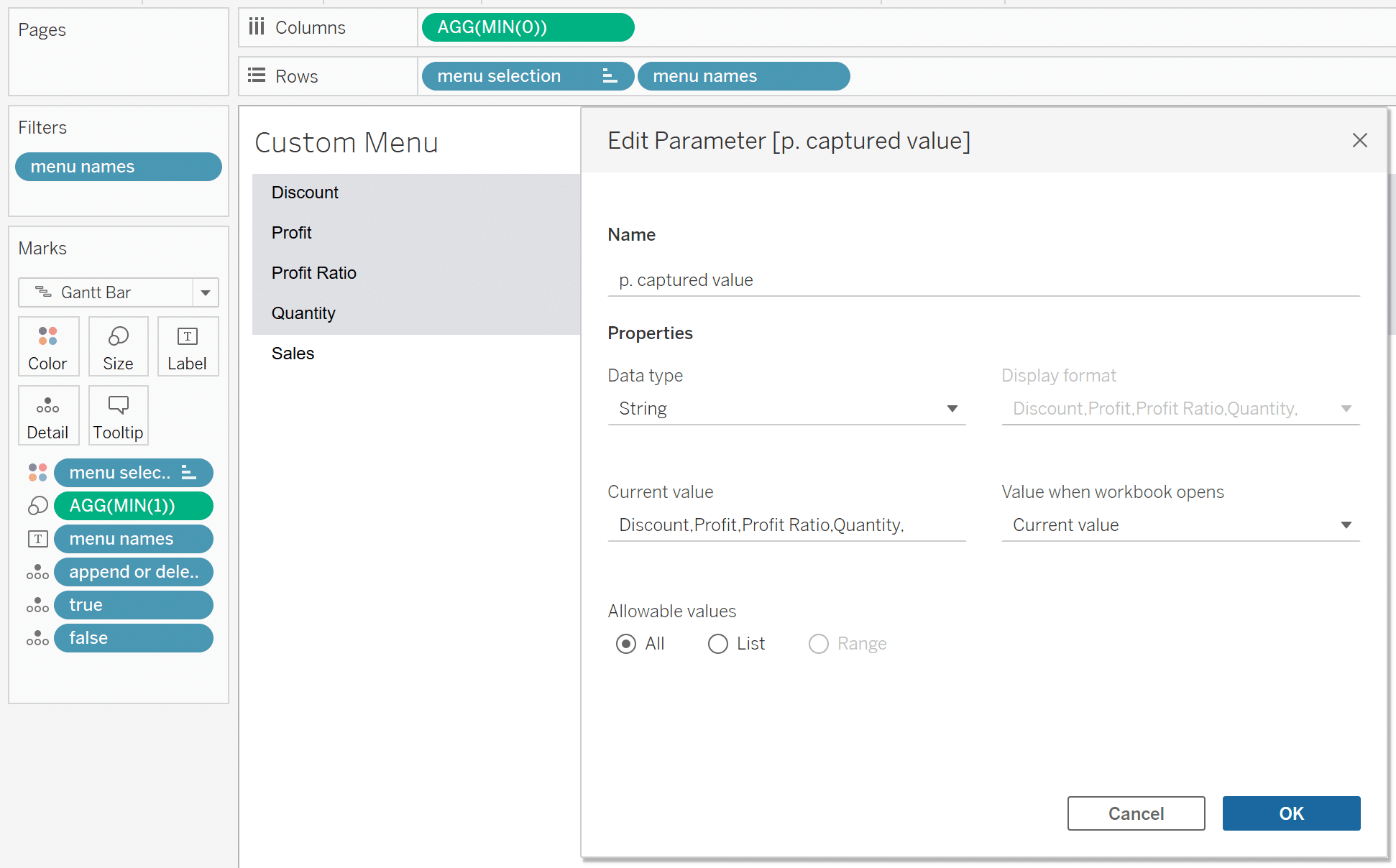 Format the custom menu in Tableau