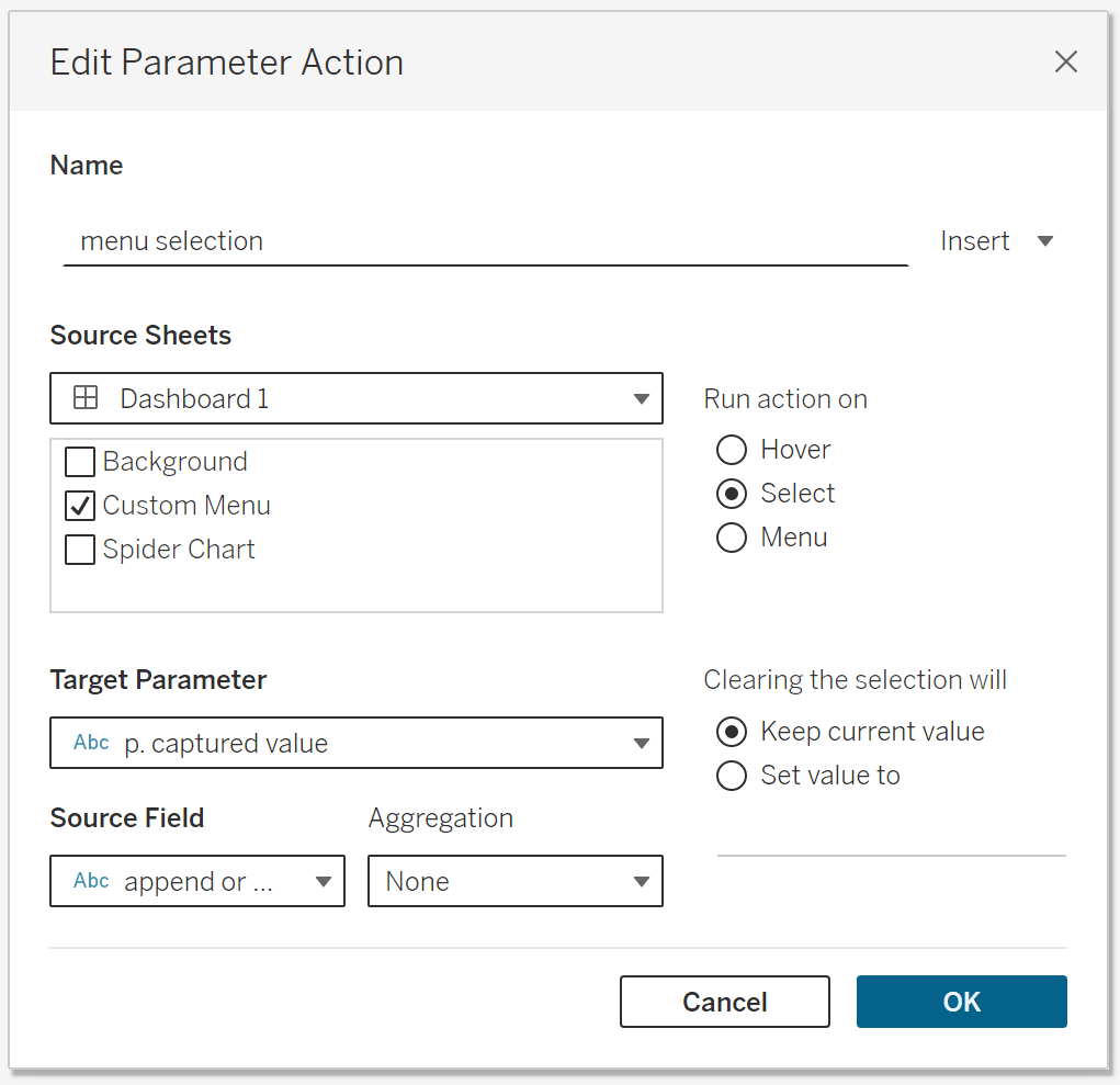 Menu selection parameter action in Tableau