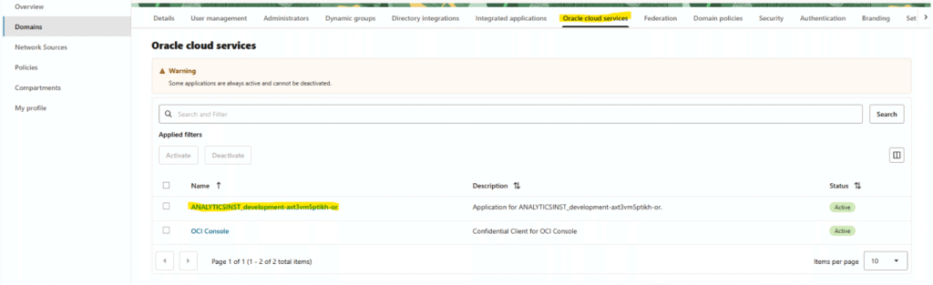 Choose the instance in Analytics Cloud Services