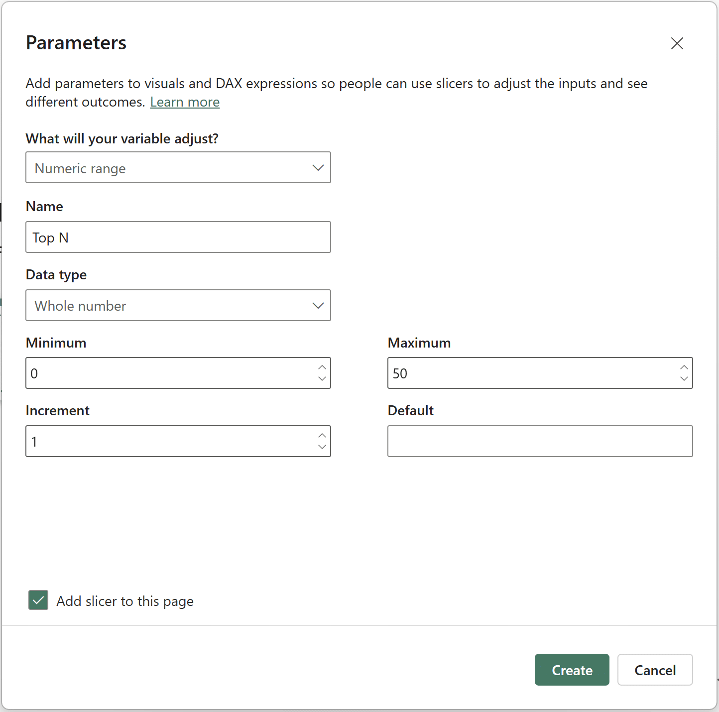 new numeric parameter window