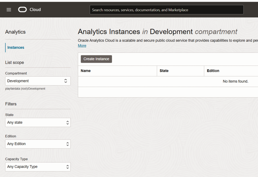 Creating an Analytics instance in Oracle Analytics Cloud