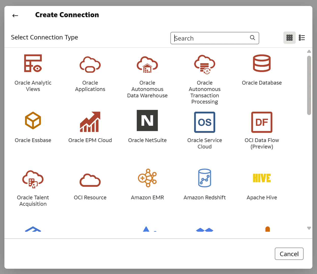 List of current established connections in Oracle Analytics Cloud