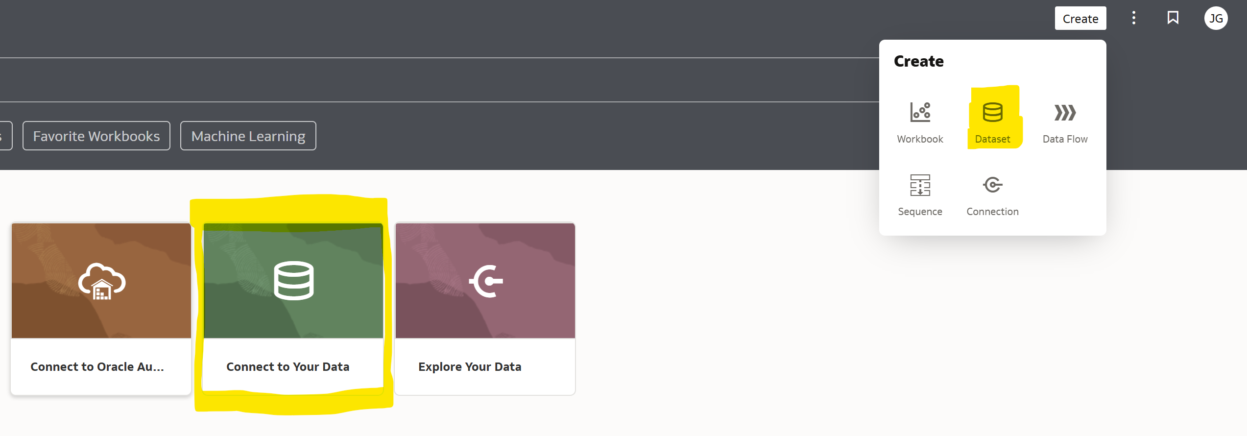 Connect to your data or create dataset in Oracle Analytics Cloud